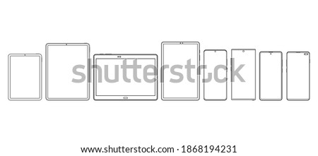 Modern Tablet Computers and Smartphones Wireframe Outline Icons Isolated on White Background. Vector Illustration