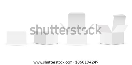 Set of Paper Square Packaging Boxes Mockups With Opened And Closed Lid, Isolated on White Background. Vector Illustration