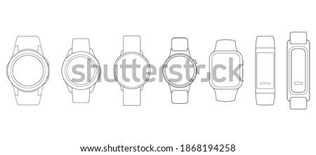 Smart Watches Wireframe Outline Icons Isolated on White Background. Vector Illustration