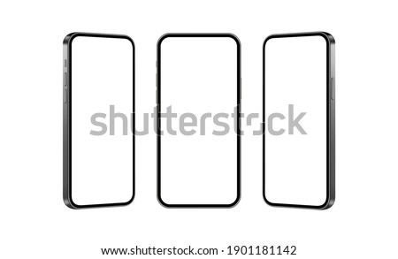 Set of Black Mobile Phones Mockups Isolated on White Background, Front and Side View. Vector Illustration ストックフォト © 