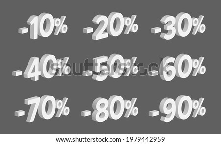 Set of 3D Discount Isometric Numbers with Percentages. Vector Illustration