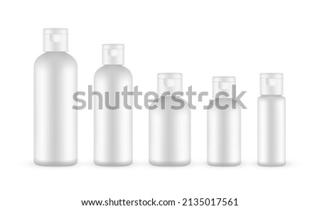 Blank Plastic Cosmetic Shampoo or Lotion Bottles with Flip Top Cap. Vector Illustration