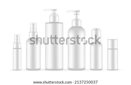 Blank Plastic Cosmetic Bottles Set, Pump, Spray, Isolated on White Background. Vector Illustration