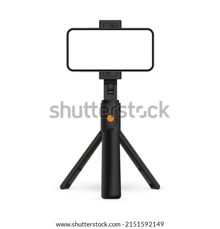 Tripod Stand With Smartphone Blank Horizontal Screen, Isolated On White Background. Vector Illustration