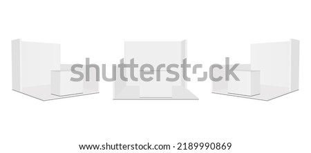 Set of Blank Exhibition Trade Show Booths Mockup with Demonstrations Tables, Front and Side View. Vector Illustration