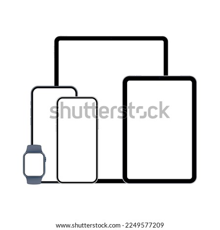 Tablet Computers, Phones, Watches. Mobile Devices Mockup With Blank Screens, Isolated on White Background. Vector Illustration