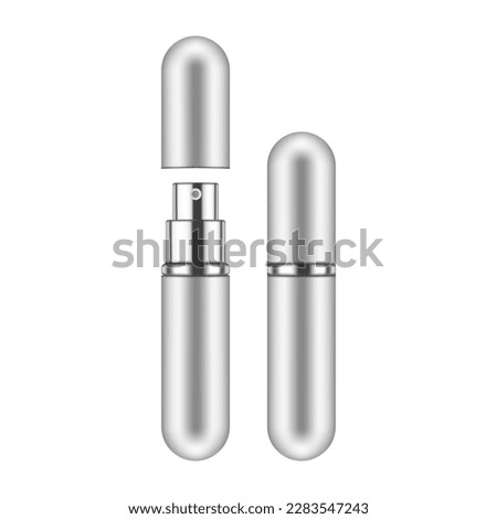Small Silver Travel Perfume Bottle Mockup, Isolated on White Background. Vector Illustration