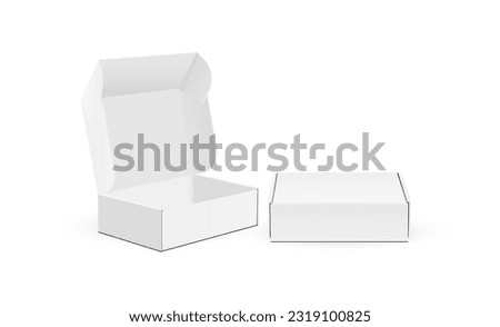 Cardboard Mailing Product Box, Shipping Mailer Packaging, Opened and Closed Mockup, Front, Side View. Vector Illustration