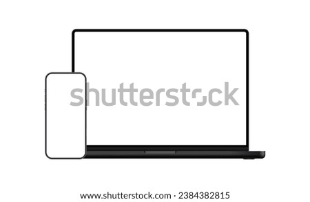 Dark Laptop And Mobile Phone, Blank Screens, Isolated On White Background. Vector Illustration