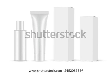 Cosmetic Tube And Plastic Bottle With Packaging Boxes, Isolated On White Background. Vector Illustration