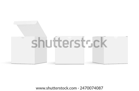 Square Packaging Boxes Mockups, Front And Side View, Opened And Closed Lid, Isolated On White Background. Vector Illustration