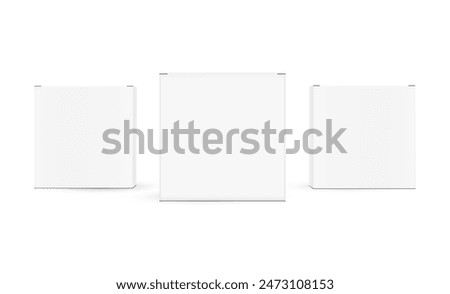 Three Square Packaging Boxes, Front View, Isolated On White Background. Vector Illustration