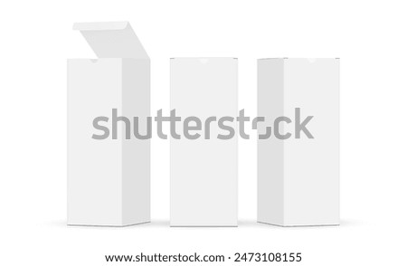 Tall Rectangular Packaging Boxes Mockups, Front And Side View, Opened And Closed Lid, Isolated On White Background. Vector Illustration