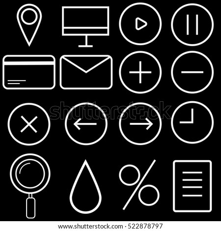 Set of white web icons on black background. Vector illustration