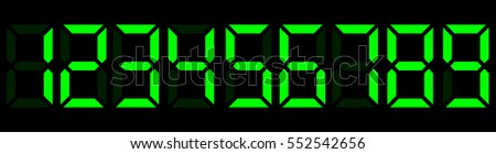 Green digital electronic numbers. Counter, clock, calculator mockup. Vector illustration