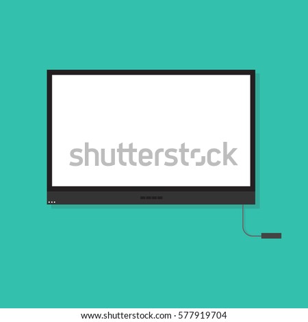 TV with blank screen and reciever with cable on green background. Flat design. Mockup TV. Vector illustration