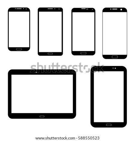 Set of electronics icons: black tablets Samsung tab and smartphones Samsung Galaxy on white background. Outline devices mockups. Vector illustration
