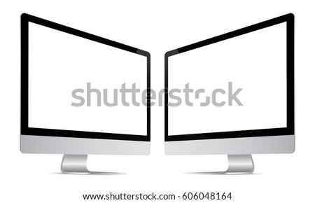 Computer monitor iMac screen mockup with perspective view to showcase website design project in modern style. Monitors with blank screens isolated on white background. Vector illustration