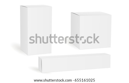 Set of blank white cosmetic, medical or product boxes isolated. Packaging mockups rectangular, square, long, for design or branding. Vector illustration