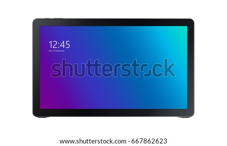Black tablet Samsung Galaxy View with colourful violet-blue screen isolated on white background. Screen with clock and date. Vector illustration