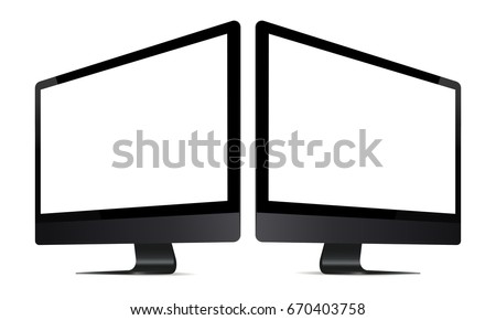 Computer monitor iMac Pro mockup with perspective view. Two black monitors with blank screens isolated on white background. Vector illustration