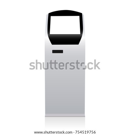 Touch screen kiosk for electronic payments - front view. Self-service terminal mockup with blank screen isolated on white background. Vector illustration