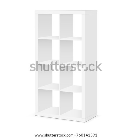 Shelves and shelving mockup isolated on white background. Floor showcase rack - half side view. Vector illustration