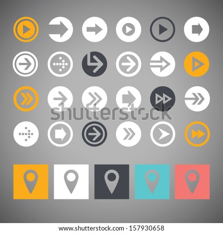 Set flat arrow icons and map pointers for web design, mobile apps and buttons