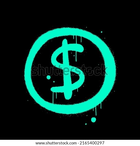 Vector illustration. Dollar coin symbol in circle. Urban street graffiti style with splash effects, drops. Neon blue color on black background. Concept for graphic tee, poster, banner, social media.