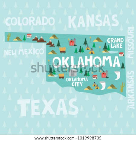 Illustrated map of the state of Oklahoma in United States with cities and landmarks. Editable vector illustration