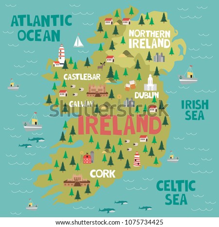Illustrated map of Ireland with nature and landmarks. Editable vector illustration