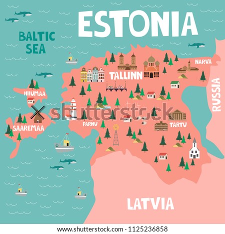 Illustration map of Estonia with nature, animals and landmarks. Editable Vector illustration