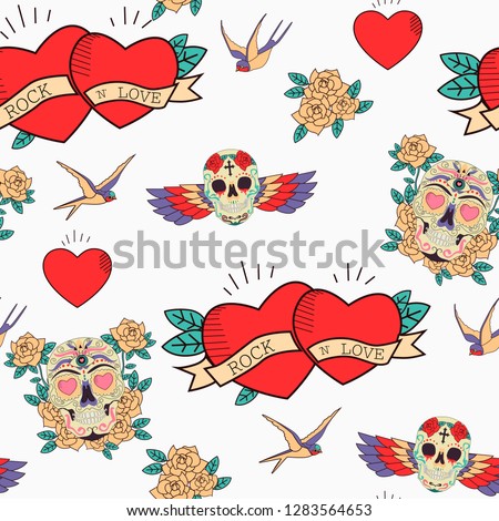 Happy Valentine's Day seamless pattern with old school tattoo style. Editable vector illustration