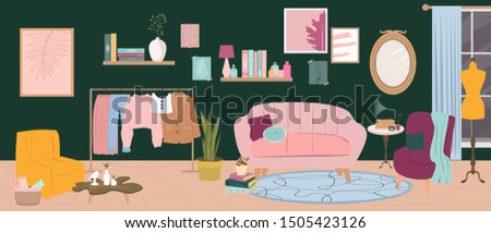 Trendy Vector Illustration of a cozy modern interior of a living room with a sofa and armchairs, decor elements, books, candles, paintings, clothes on a rail and a carpet. 