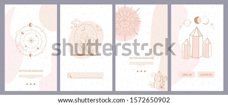 Collection of mystical and mysterious background for social media promotional content. Mobile App, Landing page,Web design in hand drawn style. Minimalist objects made in the style of one line