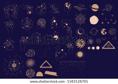 Collection of Mystical and Astrology objects, Woman face, Space objects, planet, constellation, magic ball, human hands. Minimalistic objects made in the style of one line. Editable vector illustratio