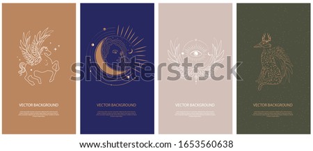 Set of mythology and mystical illustrations for Mobile App, Landing page, Web design in hand drawn style. Mythical creature, esoteric and boho minimalistic objects one line style. Vector illustration