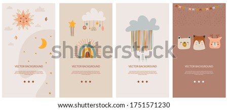 Set of vertical background template for social network and mobile app with cute boho elements for kids, decorative doodle and animals. Vector illustration.