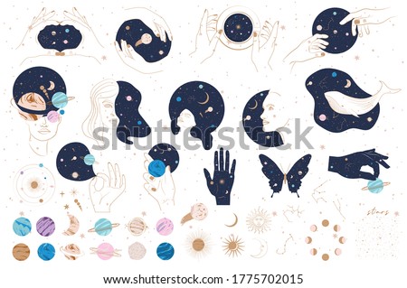 Collection of Mystical and Astrology objects, Woman face, Space objects, planet, constellation, human hands. Minimalistic objects made in the one line style. Editable vector illustration.