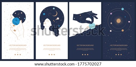 Collection of space and mysterious illustrations for stories templates, Mobile App, Landing page, Web design in hand drawn style. Magic, occultism and astrology concept. 