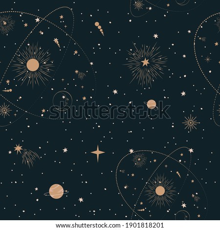 Seamless pattern with Mystical and Astrology elements, Space objects, planet, constellation, moon, stars, sun. Editable vector illustration.