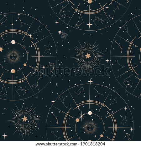 Seamless pattern with Mystical and Astrology elements, Space objects, planet, constellation, zodiac sings. Editable vector illustration.