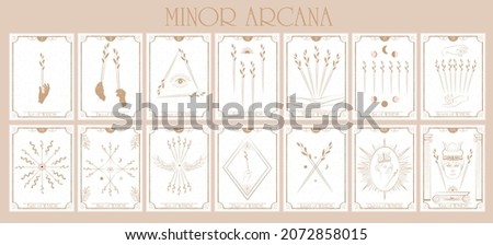 Set of Tarot card, Minor Arcana. Occult and alchemy symbolism. Wands - Faculty Creativity and will. Editable vector illustration.