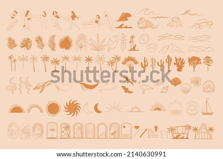 Collection of Summer Boho linear symbols, icons design. Sun, sea waves, palm. surfer, sea animals, moon, landscape. Editable Vector Illustration.