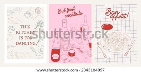 Collection of Retro Kitchen wall art. Food Poster template. Interior posters set. Inspiration posters. Editable vector illustration.
