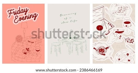 Collection of Retro posters. Friday evening dinner posters.  Food Poster template. Interior posters set. Inspiration posters. Editable vector illustration.