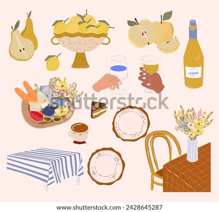 Collection of cozy elements for pictic. Food and drink. Retro picnic illustration. Editable vector illustration.