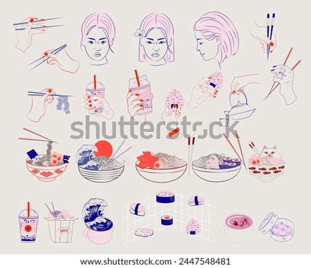 Asian food and drink collection, wok, ramen, noodle soup, sushi, onigiri, dimsum, bubble tea, matcha tea. Beautiful asian girls face. Oriental sketch. Editable vector illustration.