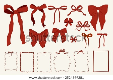 Collection of Christmas bows, ribbon, frame for decoration greeting or invitation card. Holiday decoration. Editable vector illustration.