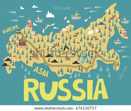 illustration map of Russia with landmarks, animals and landscape. Editable vector illustration